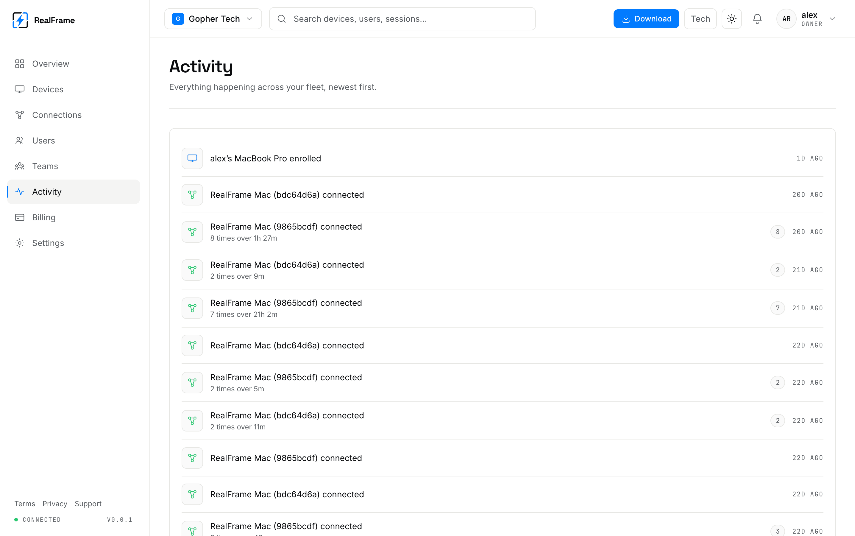 The Activity page, a list of account events