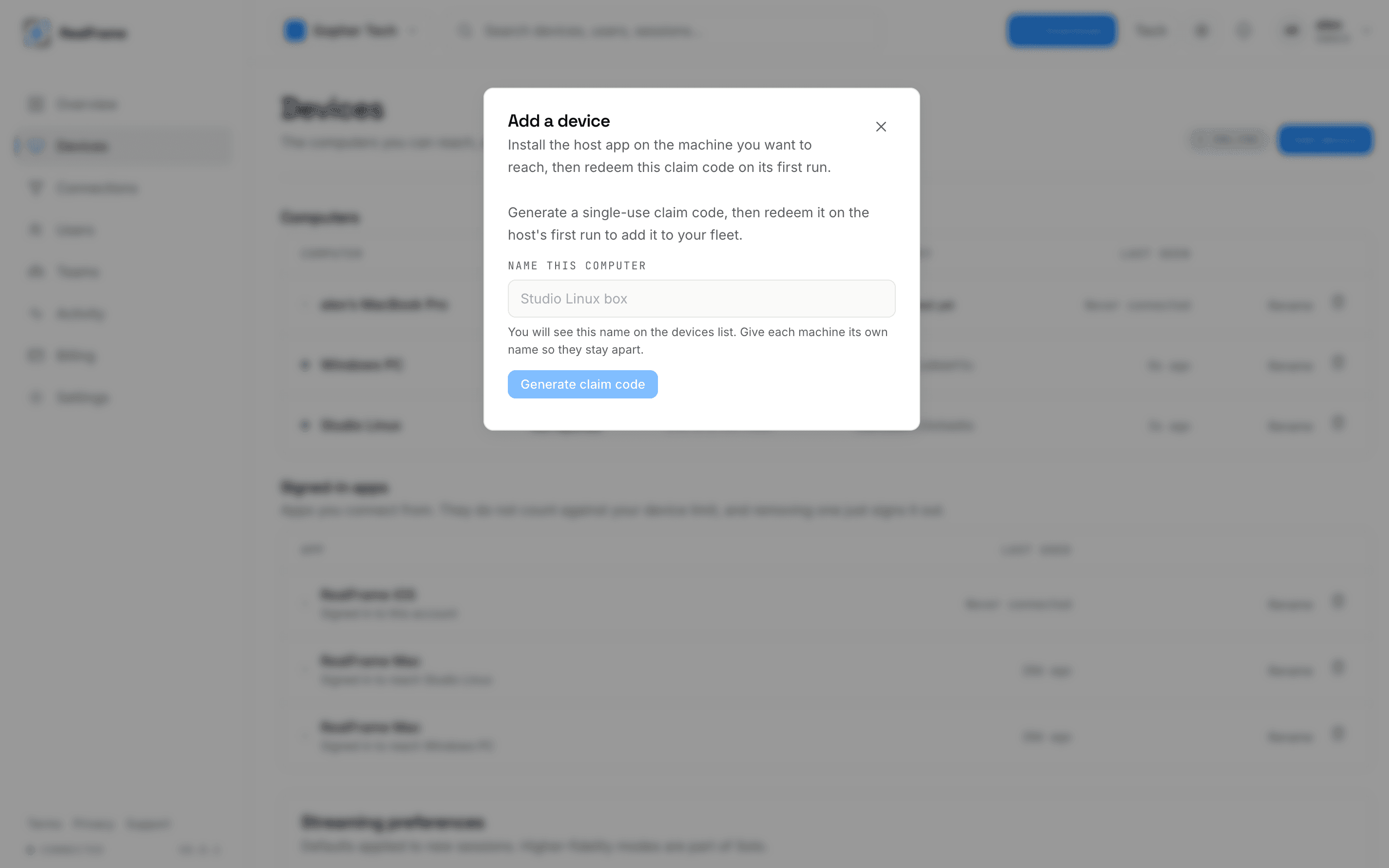 The Add a device box, with a name field and a claim code button