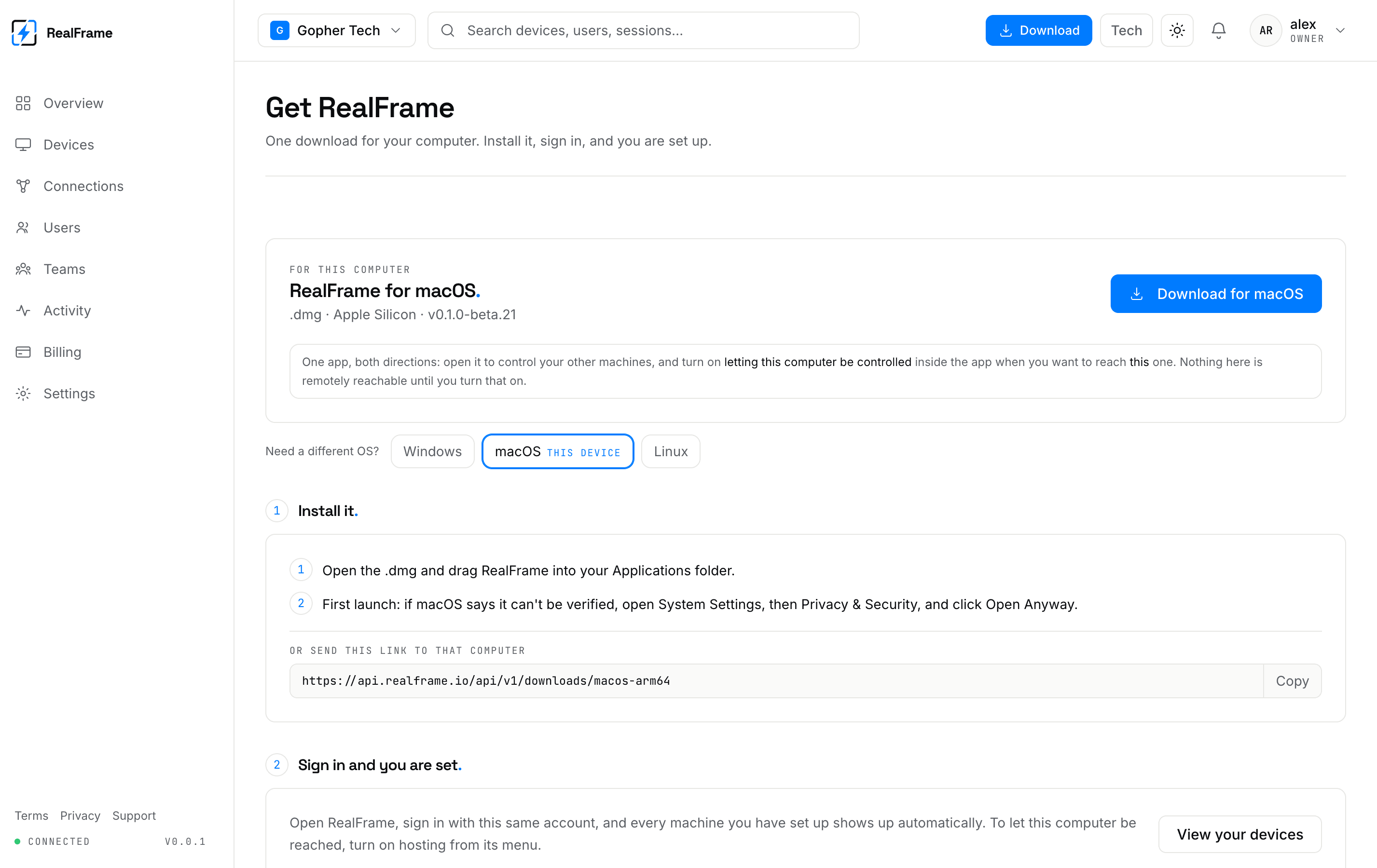 The download page inside the dashboard