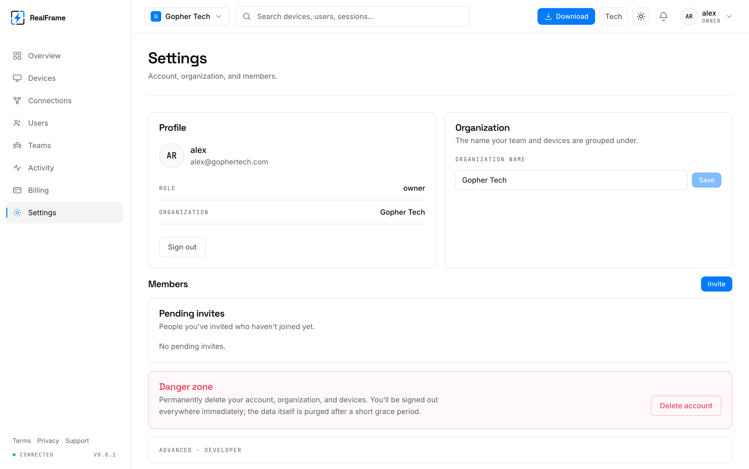 The Settings page, with org details and service status