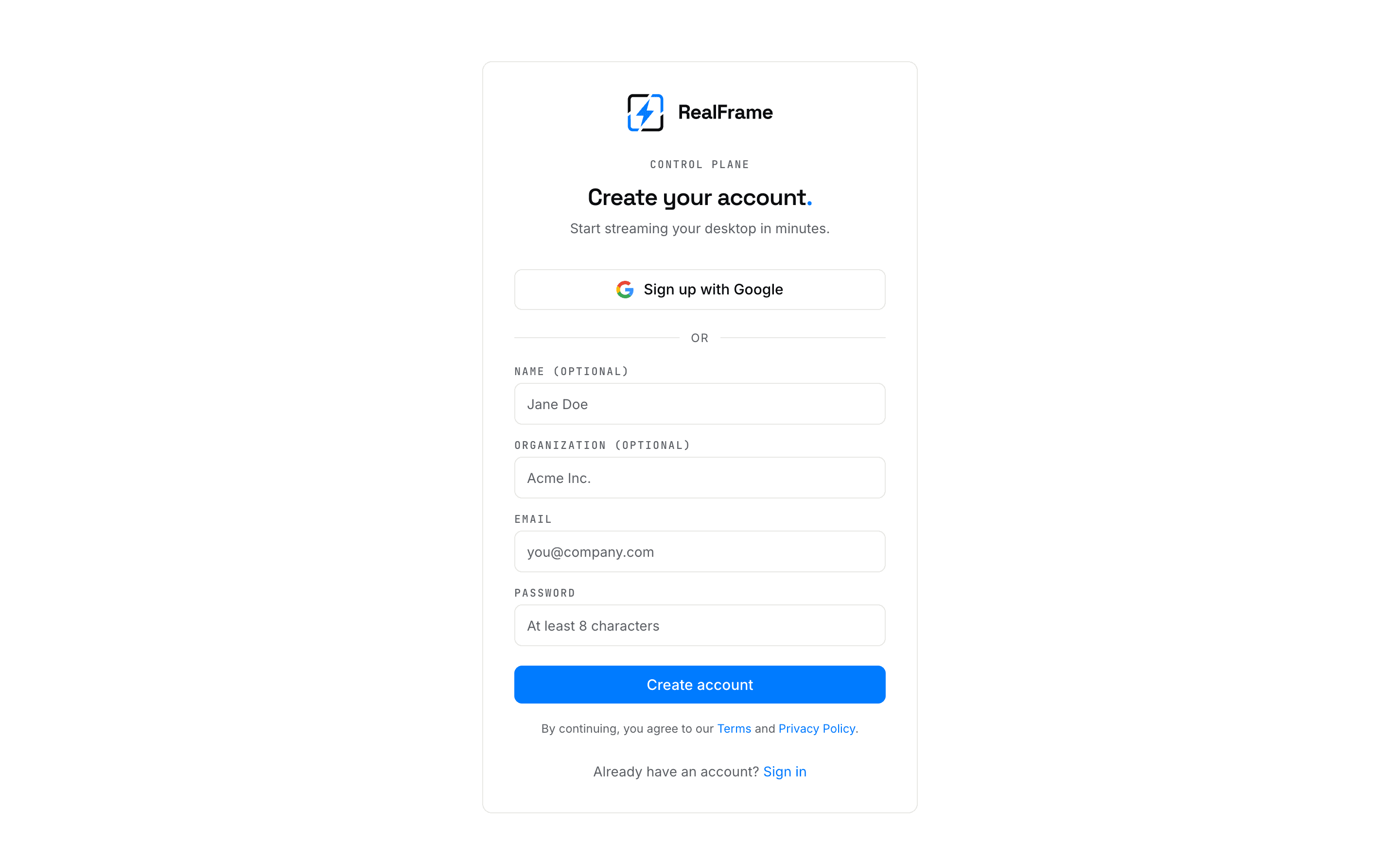 The RealFrame sign-up page
