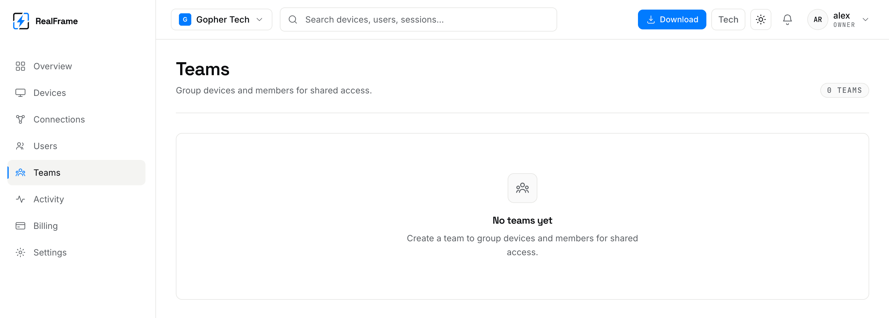 The Teams page