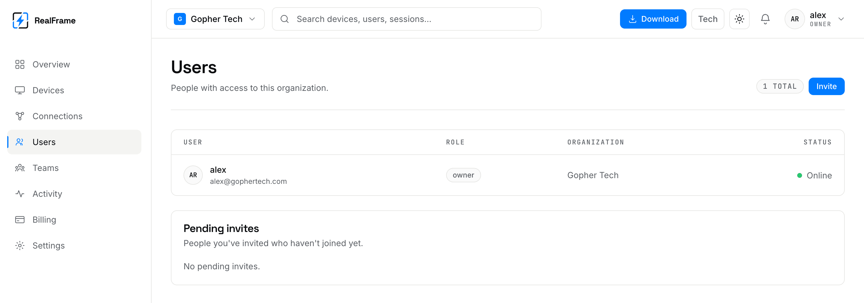 The Users page, listing members and their roles
