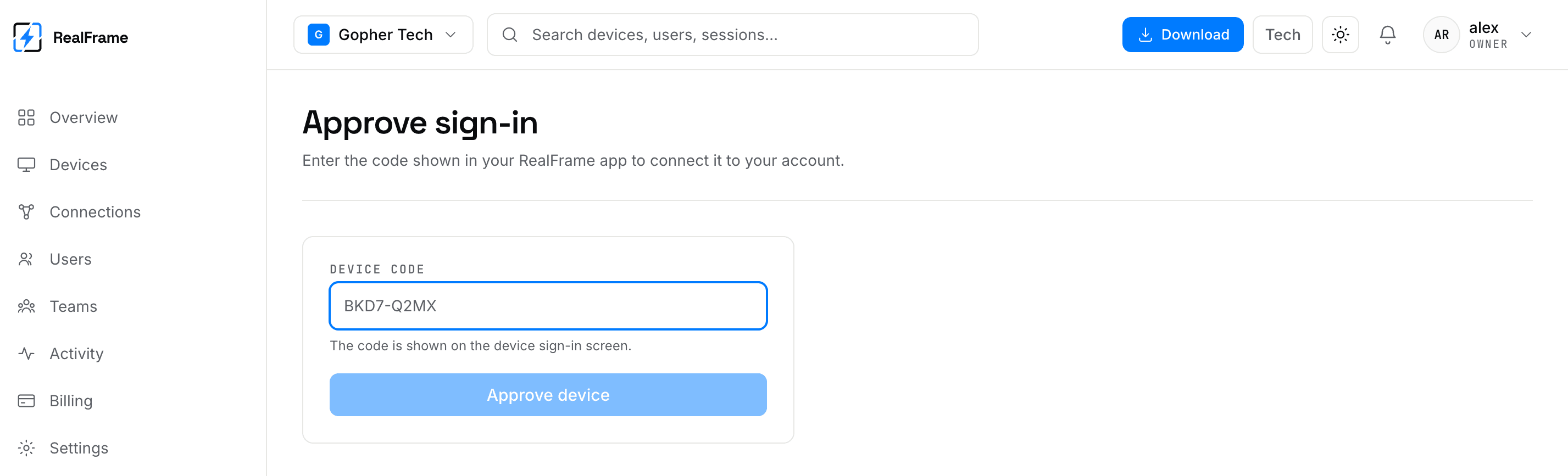 The approve sign-in page, with a device code box