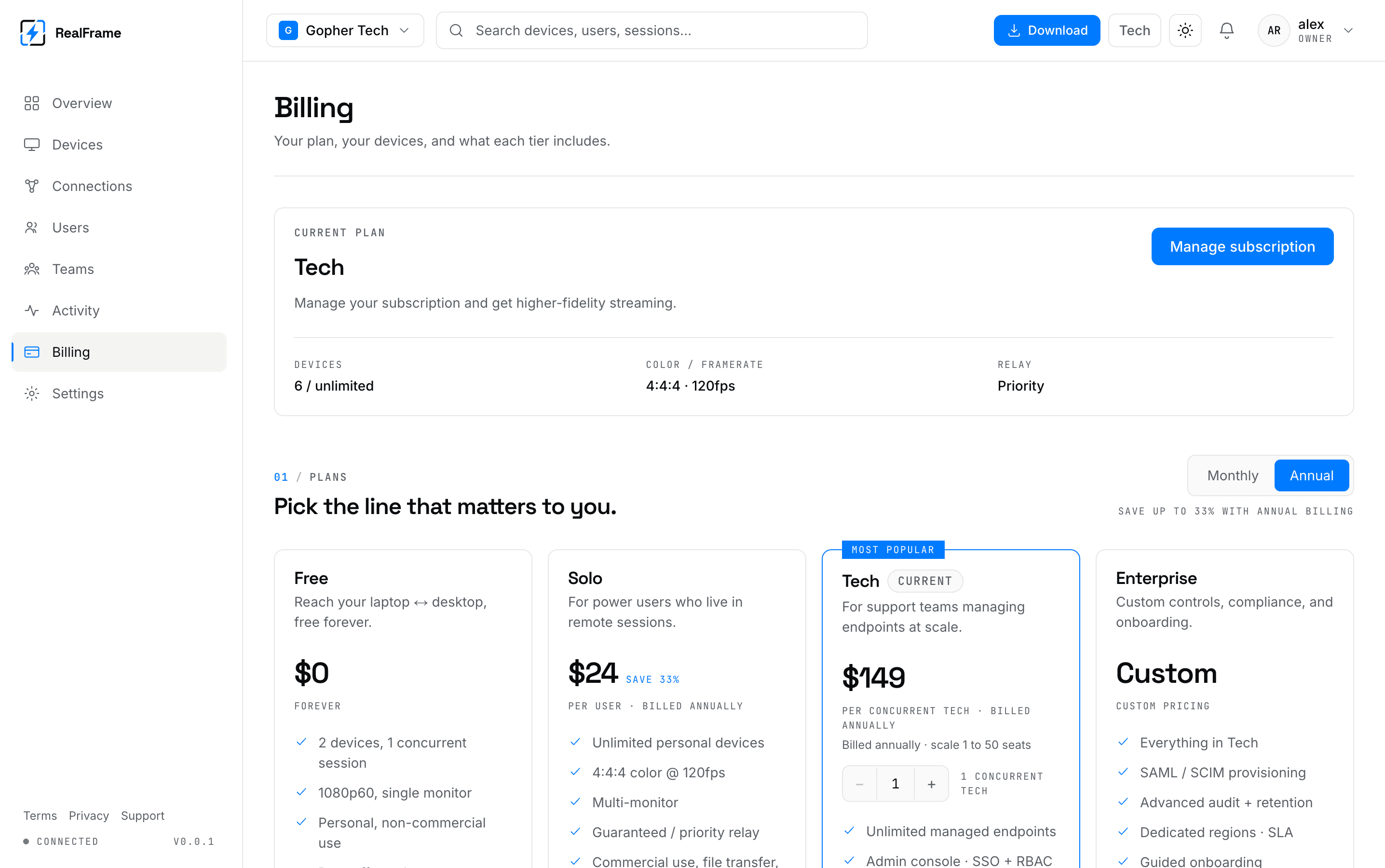 The Billing page, showing the current plan and the four tiers