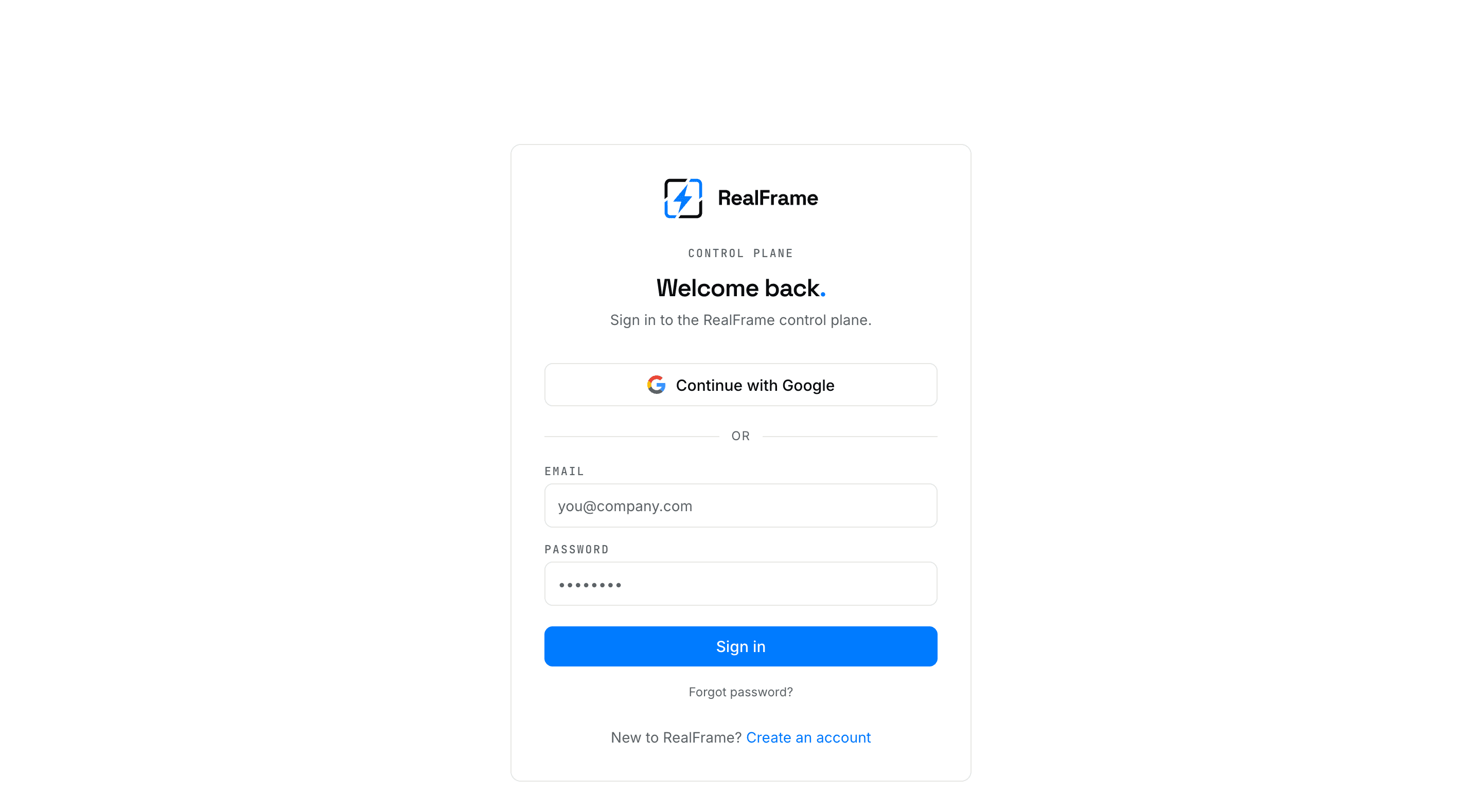 The RealFrame sign-in page
